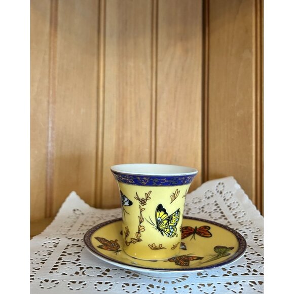 Vintage Fine Porcelain Espresso Yellow Butterfly Cup & Saucer Set Classic Coffee - Picture 5 of 8